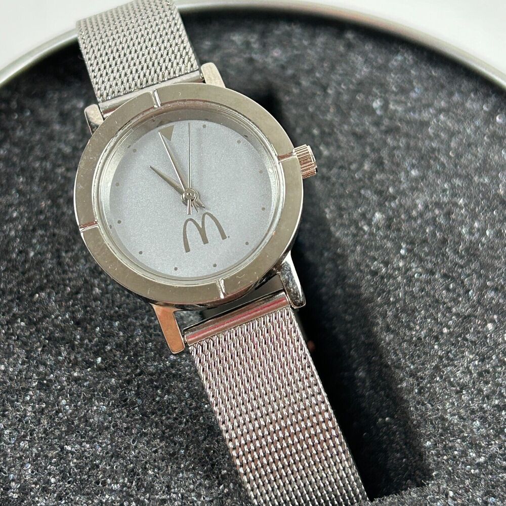 Sweda McDonalds Watch Women Silver Tone Mesh Band New Battery